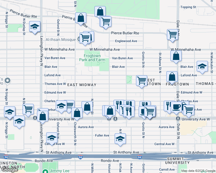 map of restaurants, bars, coffee shops, grocery stores, and more near 859 Thomas Avenue West in Saint Paul