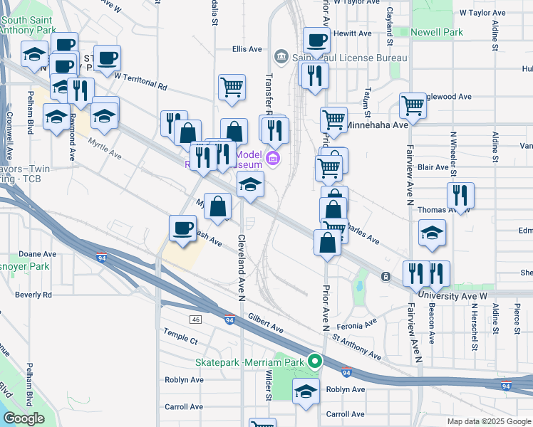 map of restaurants, bars, coffee shops, grocery stores, and more near 2099 University Avenue West in Saint Paul