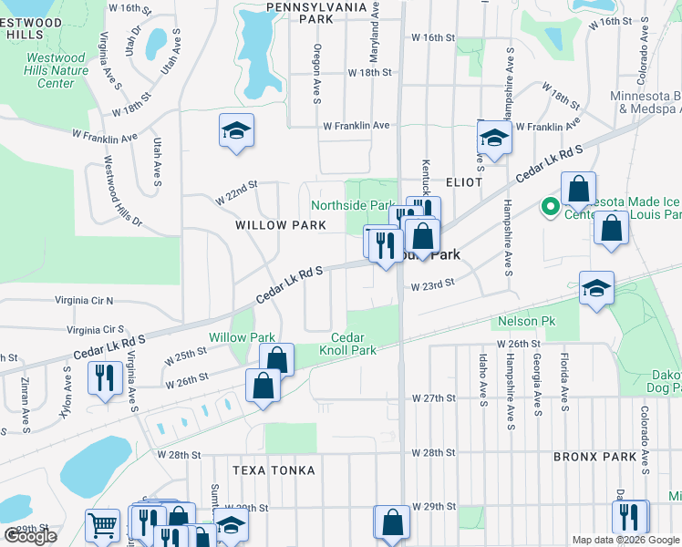 map of restaurants, bars, coffee shops, grocery stores, and more near 2501 Nevada Avenue in St. Louis Park