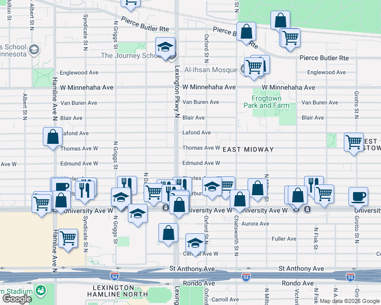 map of restaurants, bars, coffee shops, grocery stores, and more near 1073 Thomas Avenue West in Saint Paul