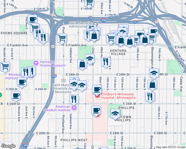 map of restaurants, bars, coffee shops, grocery stores, and more near Chicago Ave S & E 24th St in Minneapolis