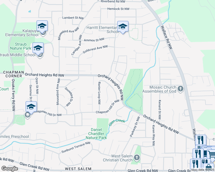 map of restaurants, bars, coffee shops, grocery stores, and more near 1380 Ranier Loop Northwest in Salem