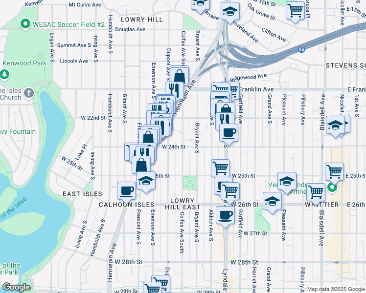 map of restaurants, bars, coffee shops, grocery stores, and more near Colfax Ave S & W 24th St in Minneapolis