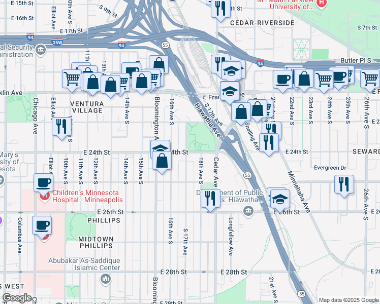 map of restaurants, bars, coffee shops, grocery stores, and more near East 24th Street in Minneapolis