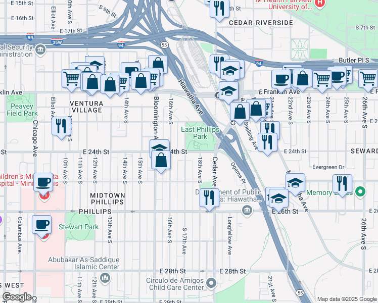 map of restaurants, bars, coffee shops, grocery stores, and more near East 24th Street in Minneapolis