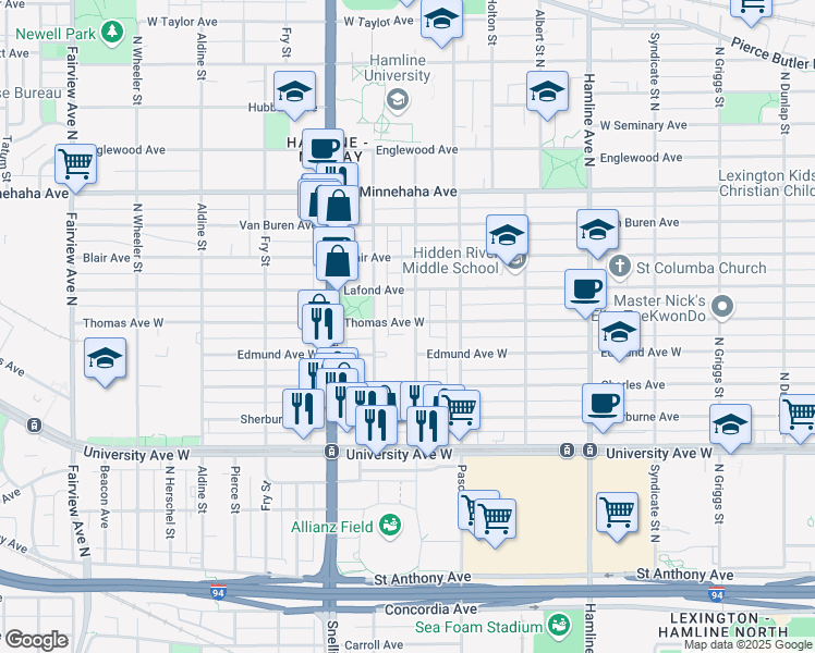 map of restaurants, bars, coffee shops, grocery stores, and more near 1500 Thomas Avenue West in Saint Paul