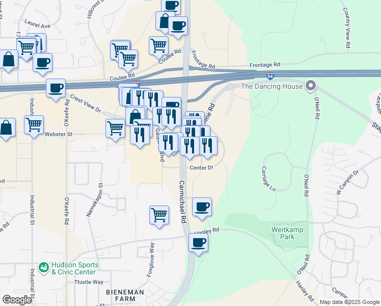 map of restaurants, bars, coffee shops, grocery stores, and more near 1027 Pearson Drive in Hudson