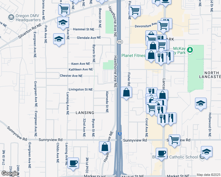 map of restaurants, bars, coffee shops, grocery stores, and more near 3480 Monarch Drive Northeast in Salem