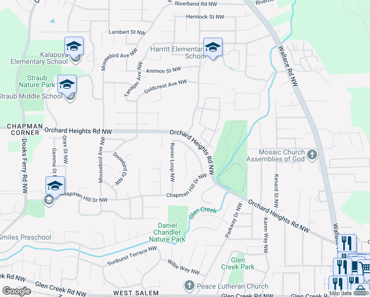 map of restaurants, bars, coffee shops, grocery stores, and more near 1390 Ranier Loop Northwest in Salem