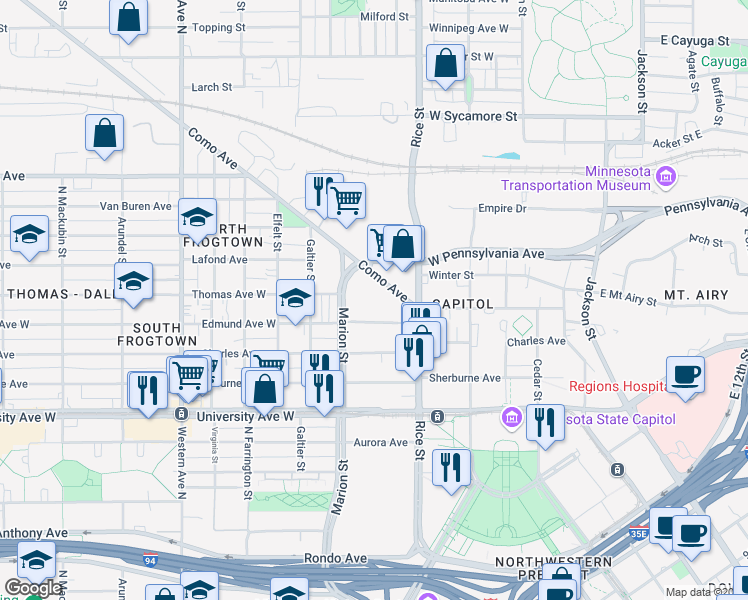 map of restaurants, bars, coffee shops, grocery stores, and more near in Saint Paul