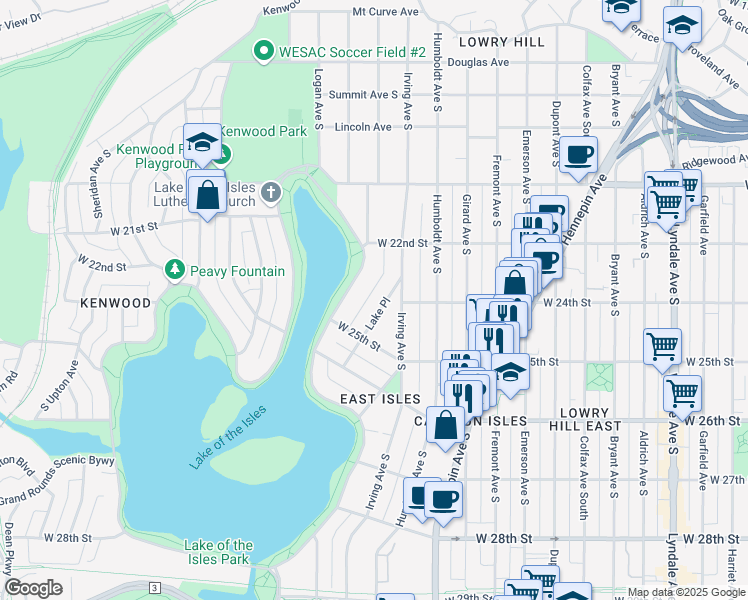 map of restaurants, bars, coffee shops, grocery stores, and more near 2323 Lake of the Isles Parkway East in Minneapolis