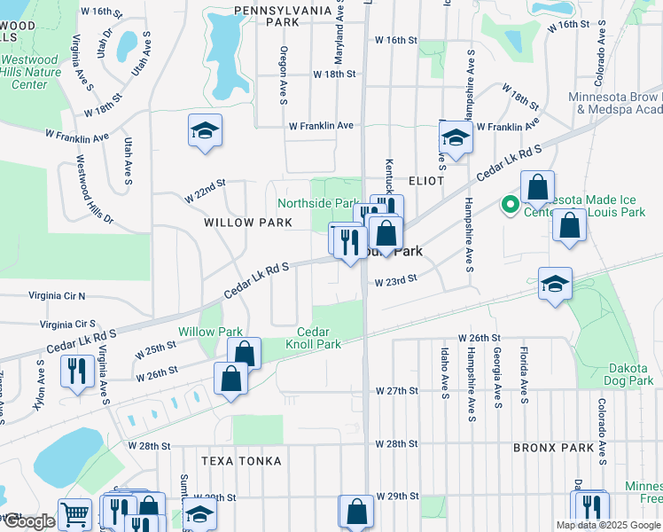 map of restaurants, bars, coffee shops, grocery stores, and more near 7235 Cedar Lake Road South in St. Louis Park