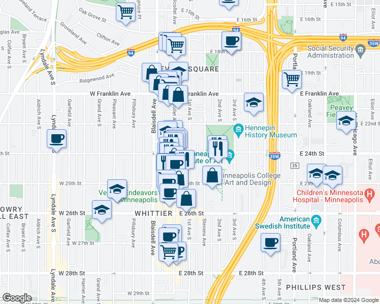 map of restaurants, bars, coffee shops, grocery stores, and more near 1st Avenue South & East 24th Street in Minneapolis