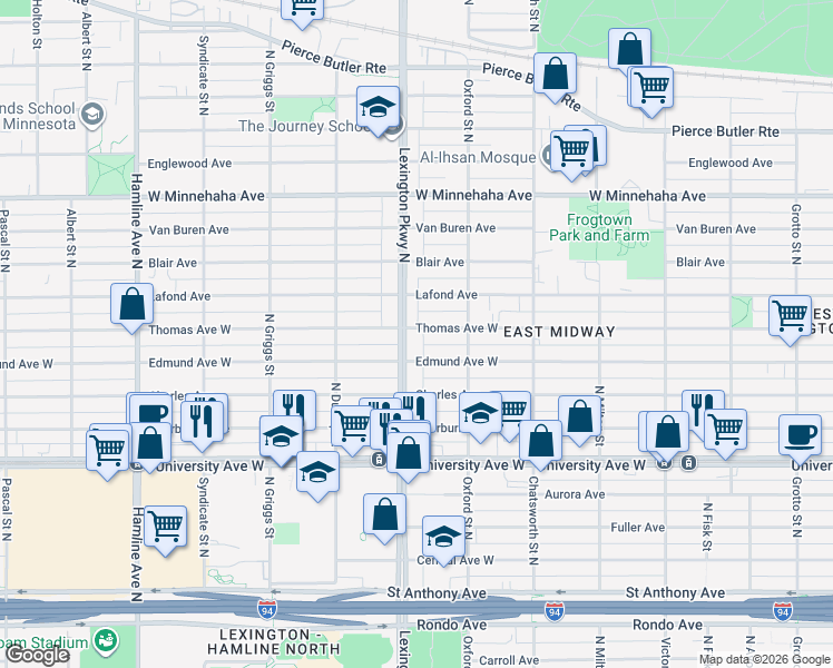 map of restaurants, bars, coffee shops, grocery stores, and more near 1073 Thomas Avenue West in Saint Paul