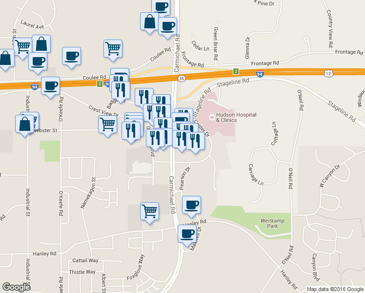 map of restaurants, bars, coffee shops, grocery stores, and more near 1021 Pearson Drive in Hudson