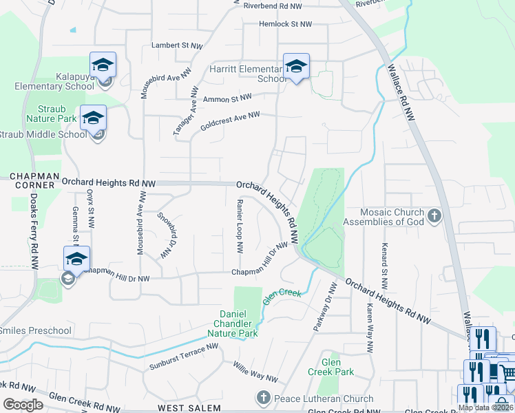 map of restaurants, bars, coffee shops, grocery stores, and more near 1390 Ranier Loop Northwest in Salem