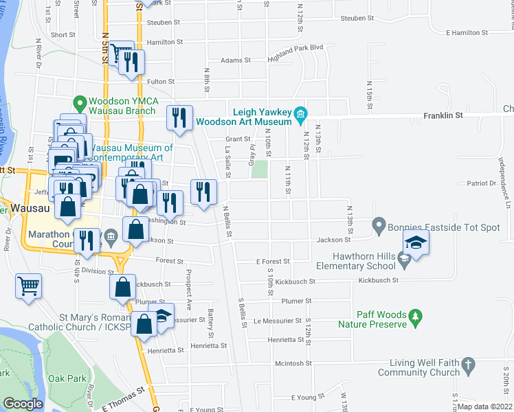 map of restaurants, bars, coffee shops, grocery stores, and more near 929 Jefferson St in Wausau