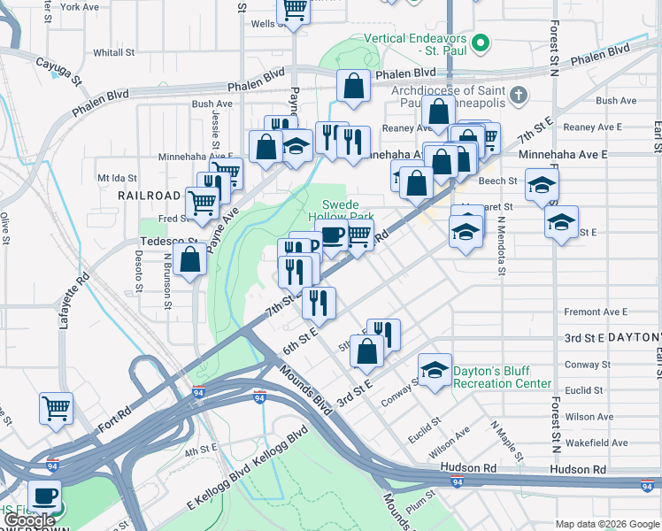 map of restaurants, bars, coffee shops, grocery stores, and more near in Saint Paul