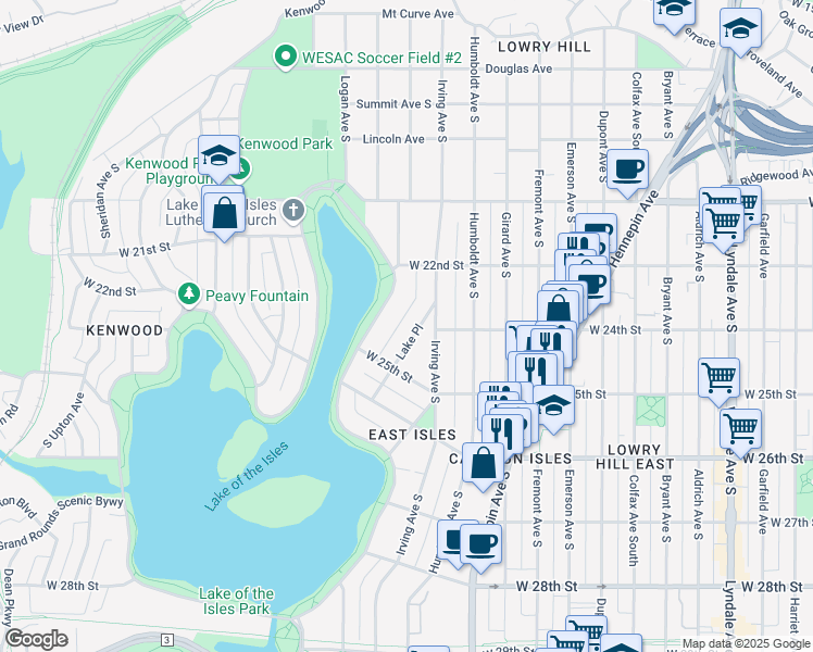 map of restaurants, bars, coffee shops, grocery stores, and more near 2328 Lake Place in Minneapolis