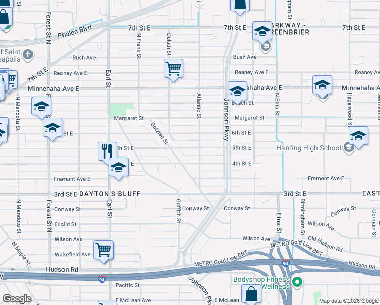 map of restaurants, bars, coffee shops, grocery stores, and more near 1200 5th Street East in Saint Paul