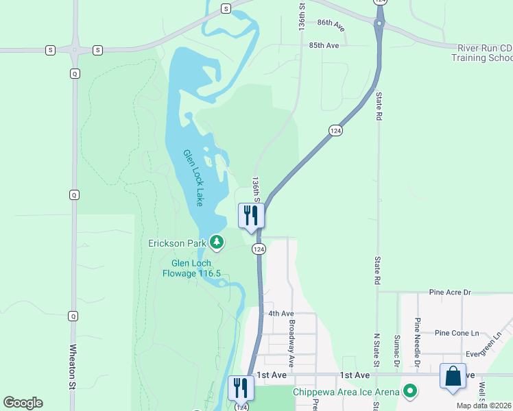 map of restaurants, bars, coffee shops, grocery stores, and more near 8088 136th Street in Chippewa Falls
