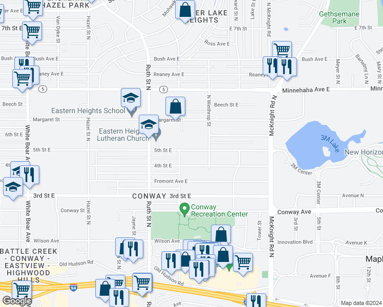 map of restaurants, bars, coffee shops, grocery stores, and more near 2108 5th Street East in Saint Paul