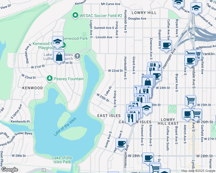map of restaurants, bars, coffee shops, grocery stores, and more near 2328 Lake Place in Minneapolis