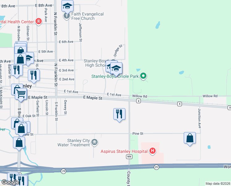 map of restaurants, bars, coffee shops, grocery stores, and more near 503 E 1st Ave in Stanley