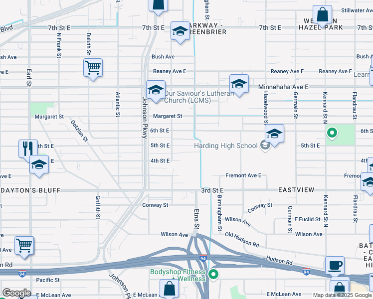 map of restaurants, bars, coffee shops, grocery stores, and more near 1381 5th Street East in Saint Paul