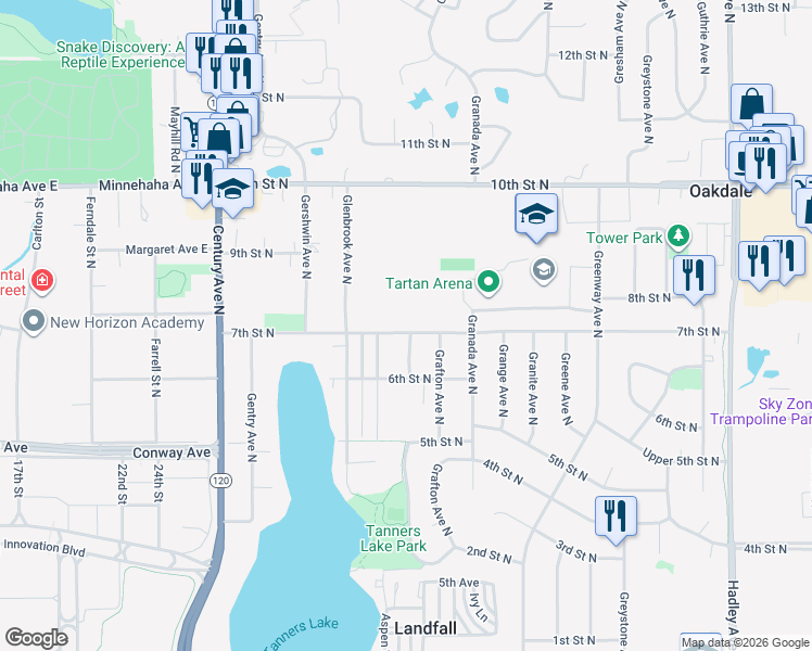 map of restaurants, bars, coffee shops, grocery stores, and more near 6366 7th Street North in Oakdale