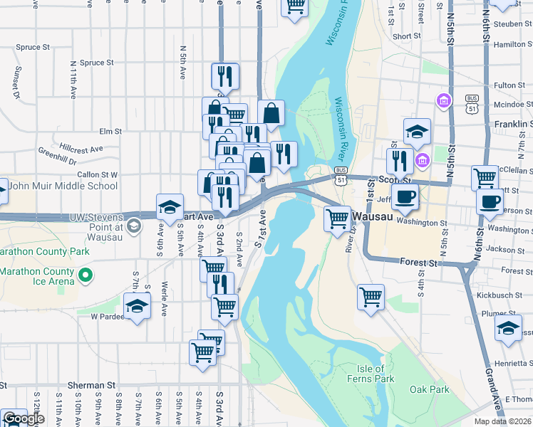 map of restaurants, bars, coffee shops, grocery stores, and more near 414 South 1st Avenue in Wausau
