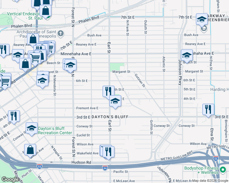 map of restaurants, bars, coffee shops, grocery stores, and more near 1065 5th Street East in Saint Paul