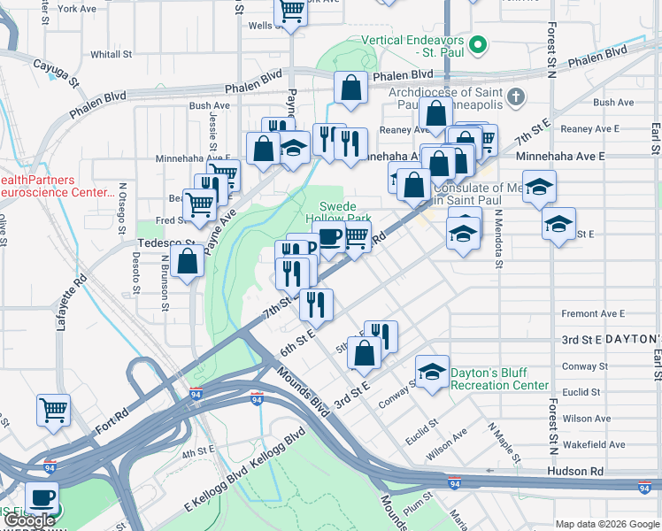map of restaurants, bars, coffee shops, grocery stores, and more near in Saint Paul