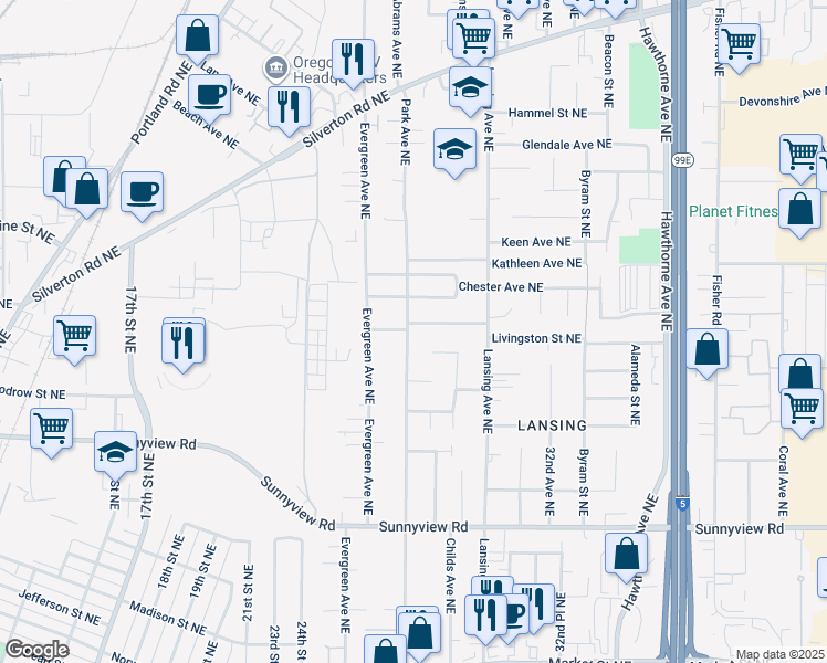 map of restaurants, bars, coffee shops, grocery stores, and more near 2858 Livingston Street Northeast in Salem