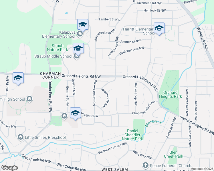 map of restaurants, bars, coffee shops, grocery stores, and more near 1776 Snowbird Drive Northwest in Salem