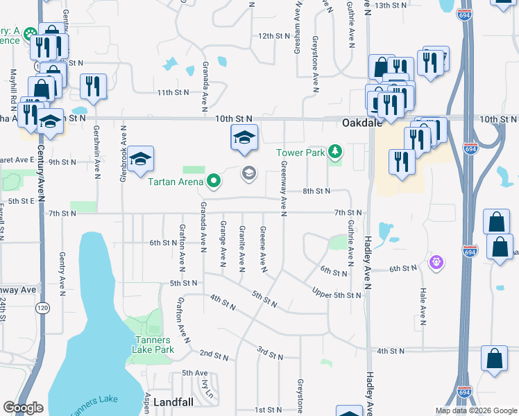 map of restaurants, bars, coffee shops, grocery stores, and more near 6670 7th Street North in Oakdale
