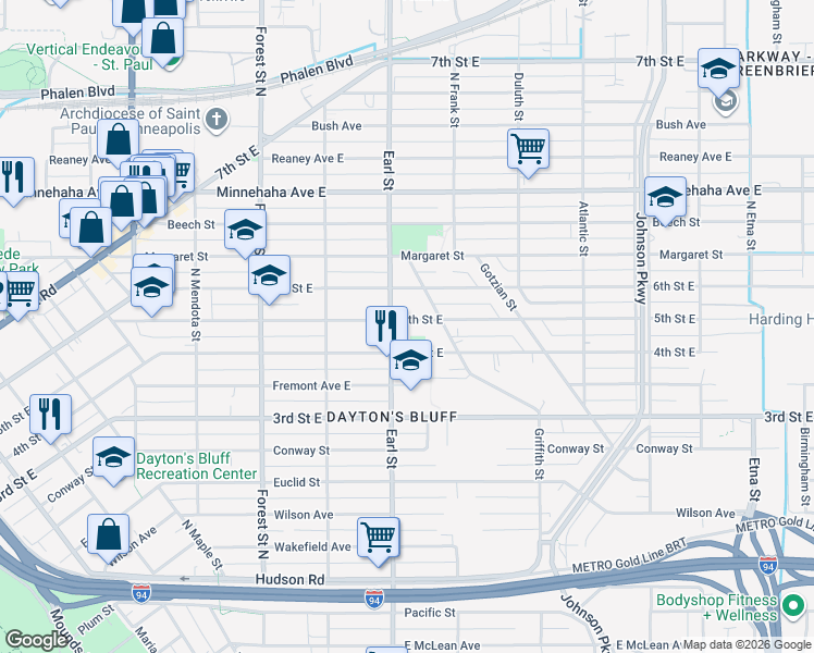map of restaurants, bars, coffee shops, grocery stores, and more near 1065 5th Street East in Saint Paul