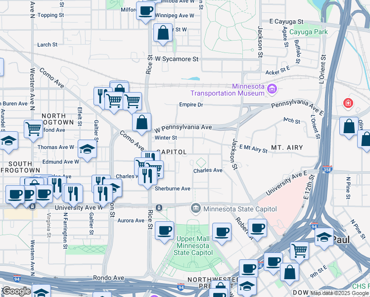 map of restaurants, bars, coffee shops, grocery stores, and more near 600 Park Street in Saint Paul