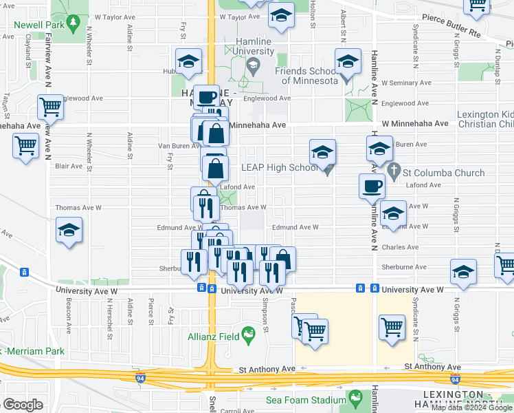 map of restaurants, bars, coffee shops, grocery stores, and more near 608 Simpson Street in Saint Paul