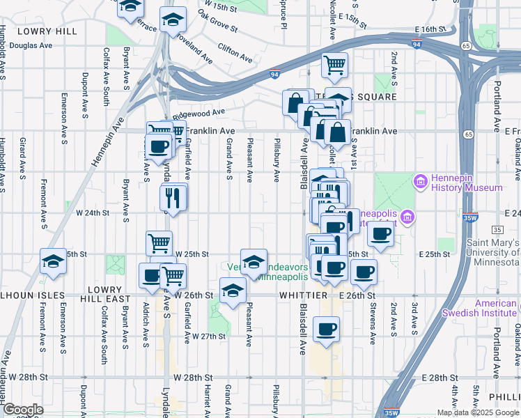 map of restaurants, bars, coffee shops, grocery stores, and more near in Minneapolis