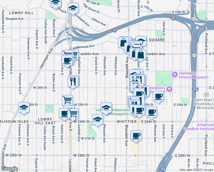 map of restaurants, bars, coffee shops, grocery stores, and more near 2316 Pillsbury Avenue in Minneapolis