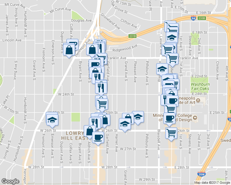 map of restaurants, bars, coffee shops, grocery stores, and more near 2317 Harriet Avenue in Minneapolis