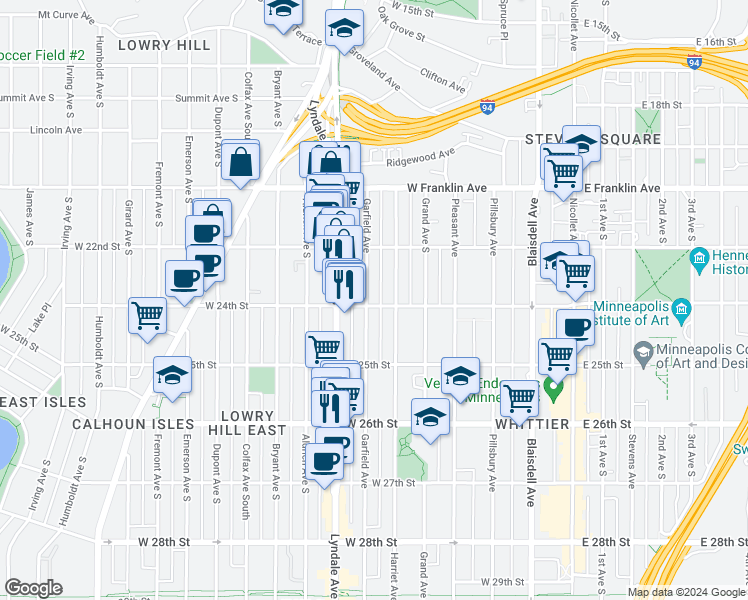 map of restaurants, bars, coffee shops, grocery stores, and more near 2317 Garfield Avenue in Minneapolis