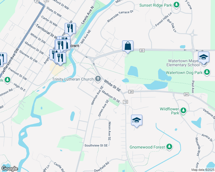 map of restaurants, bars, coffee shops, grocery stores, and more near 600 White Street in Watertown