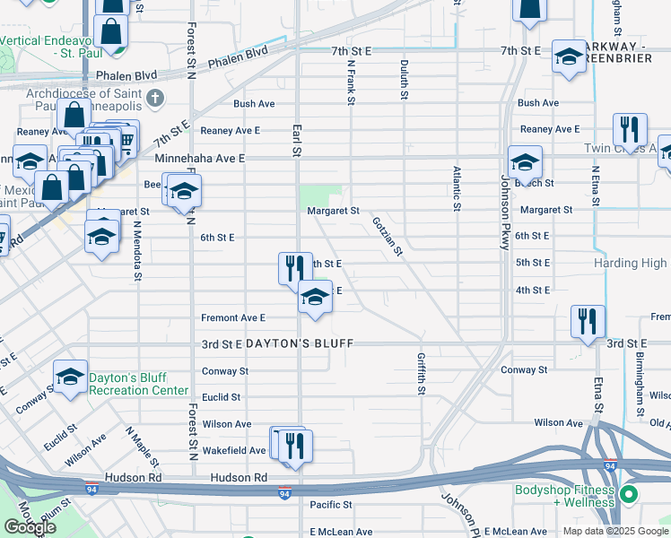 map of restaurants, bars, coffee shops, grocery stores, and more near 1104 5th Street East in Saint Paul