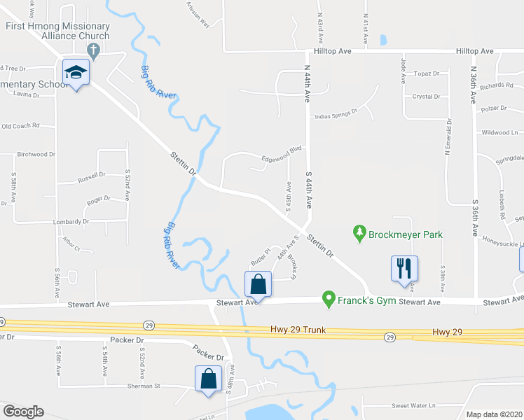 map of restaurants, bars, coffee shops, grocery stores, and more near 4517 Stettin Drive in Wausau