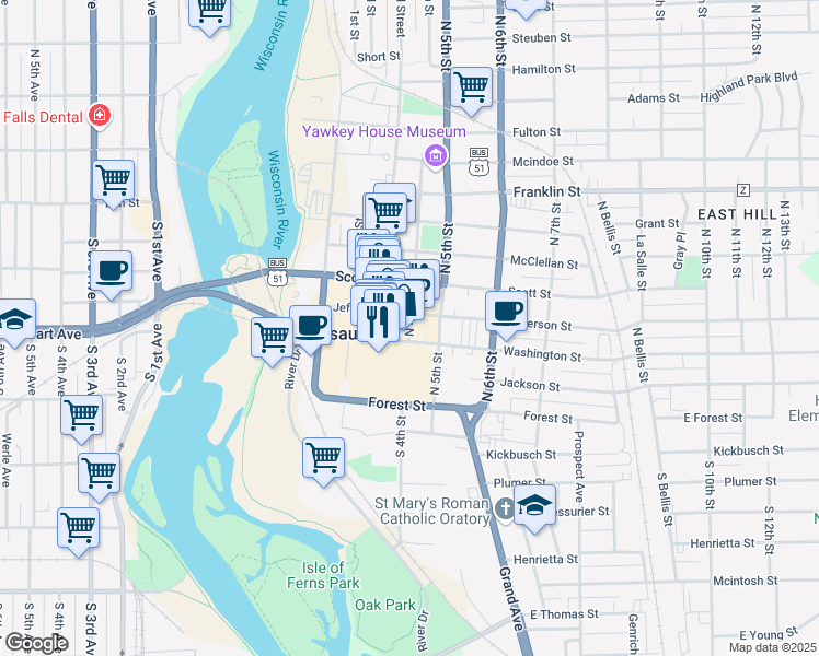 map of restaurants, bars, coffee shops, grocery stores, and more near 330 North 4th Street in Wausau