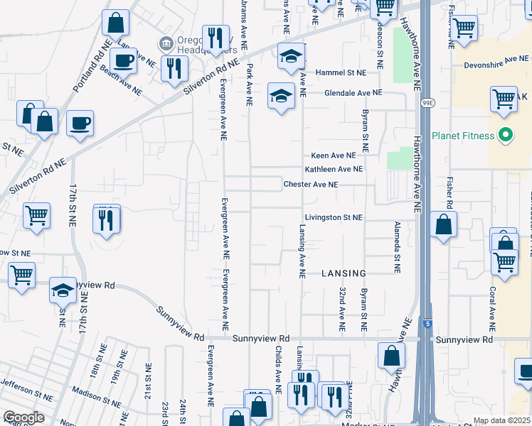 map of restaurants, bars, coffee shops, grocery stores, and more near 2858 Livingston Street Northeast in Salem