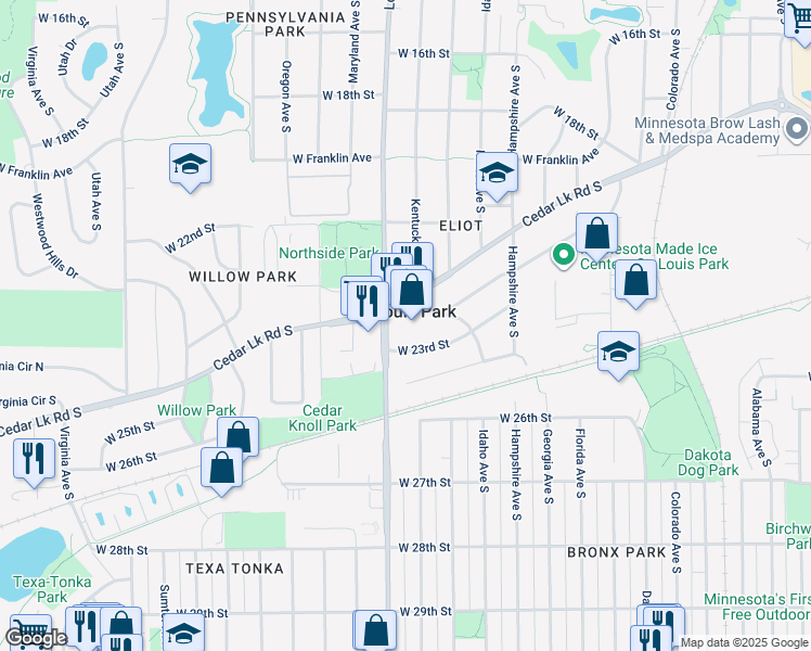 map of restaurants, bars, coffee shops, grocery stores, and more near in St. Louis Park