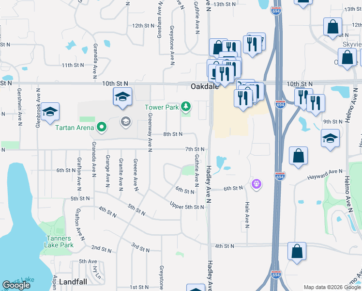 map of restaurants, bars, coffee shops, grocery stores, and more near 6880 7th Street North in Oakdale